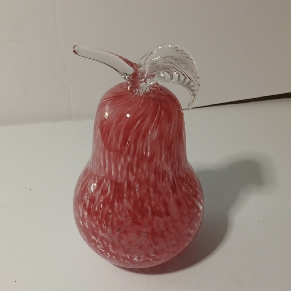 Hand Crafted Pink and White Glass Art Pear Sculpture 8 Inches Tall.